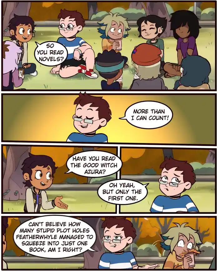 A four-panel comic strip from 'The Owl House' shows characters discussing novels. One character boasts about reading many…