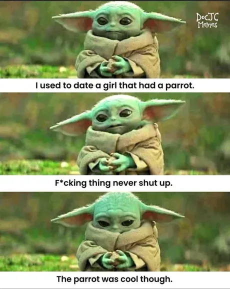 The image is a three-panel meme featuring the character Grogu (Baby Yoda) in each panel, looking progressively more…
