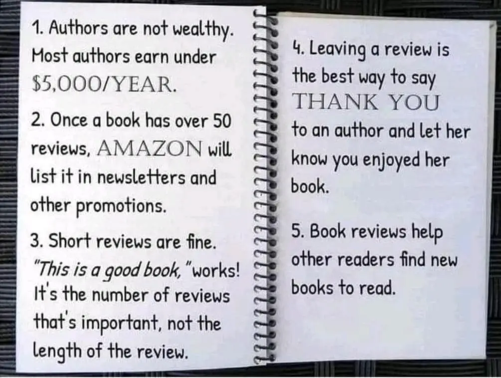 An open spiral-bound notebook displays five numbered tips for book readers, emphasizing that authors earn little, Amazon…