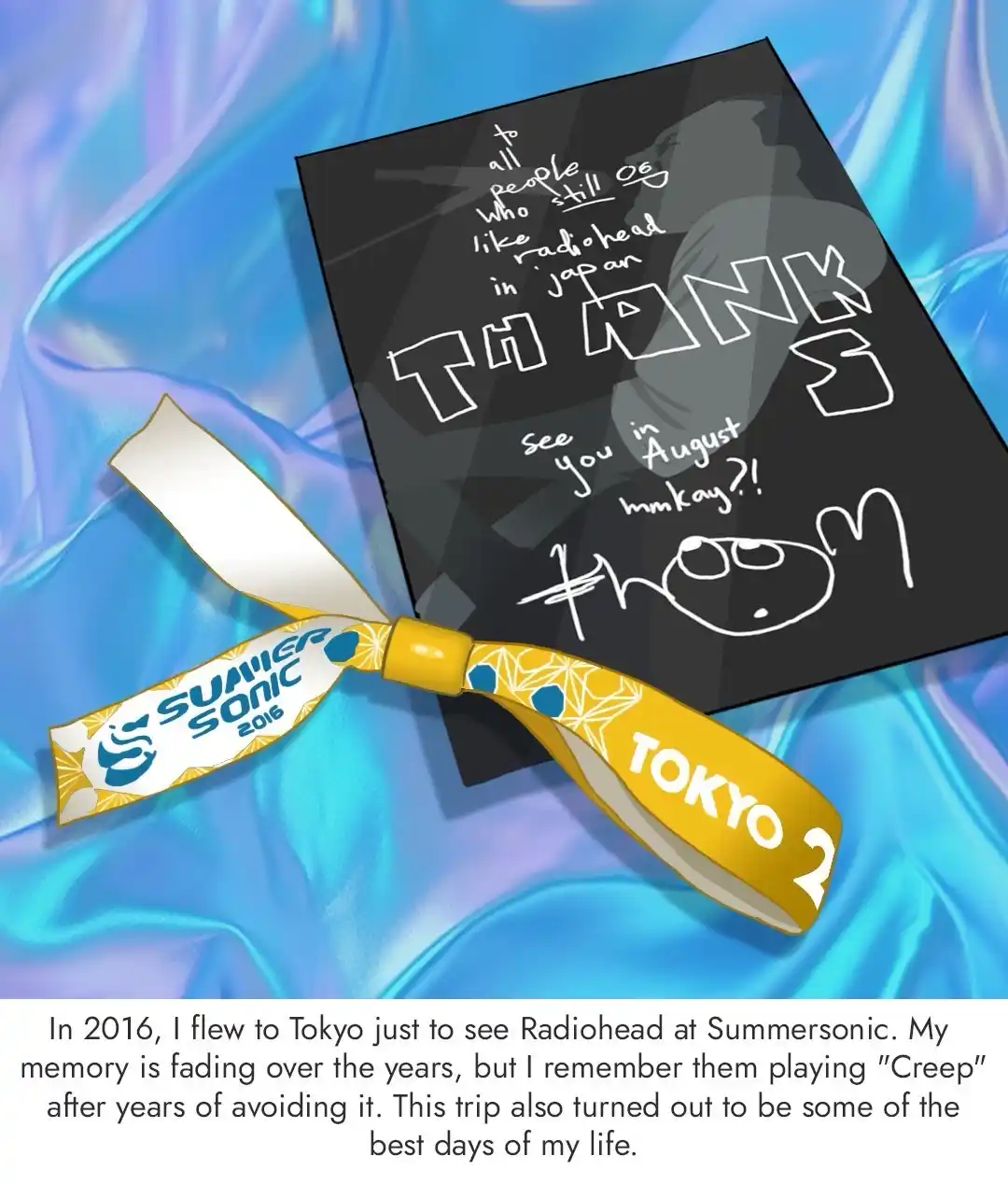 A black card with white handwritten text reading 'thanks, see you in august mmkay?!' and a signature with a cartoon face…