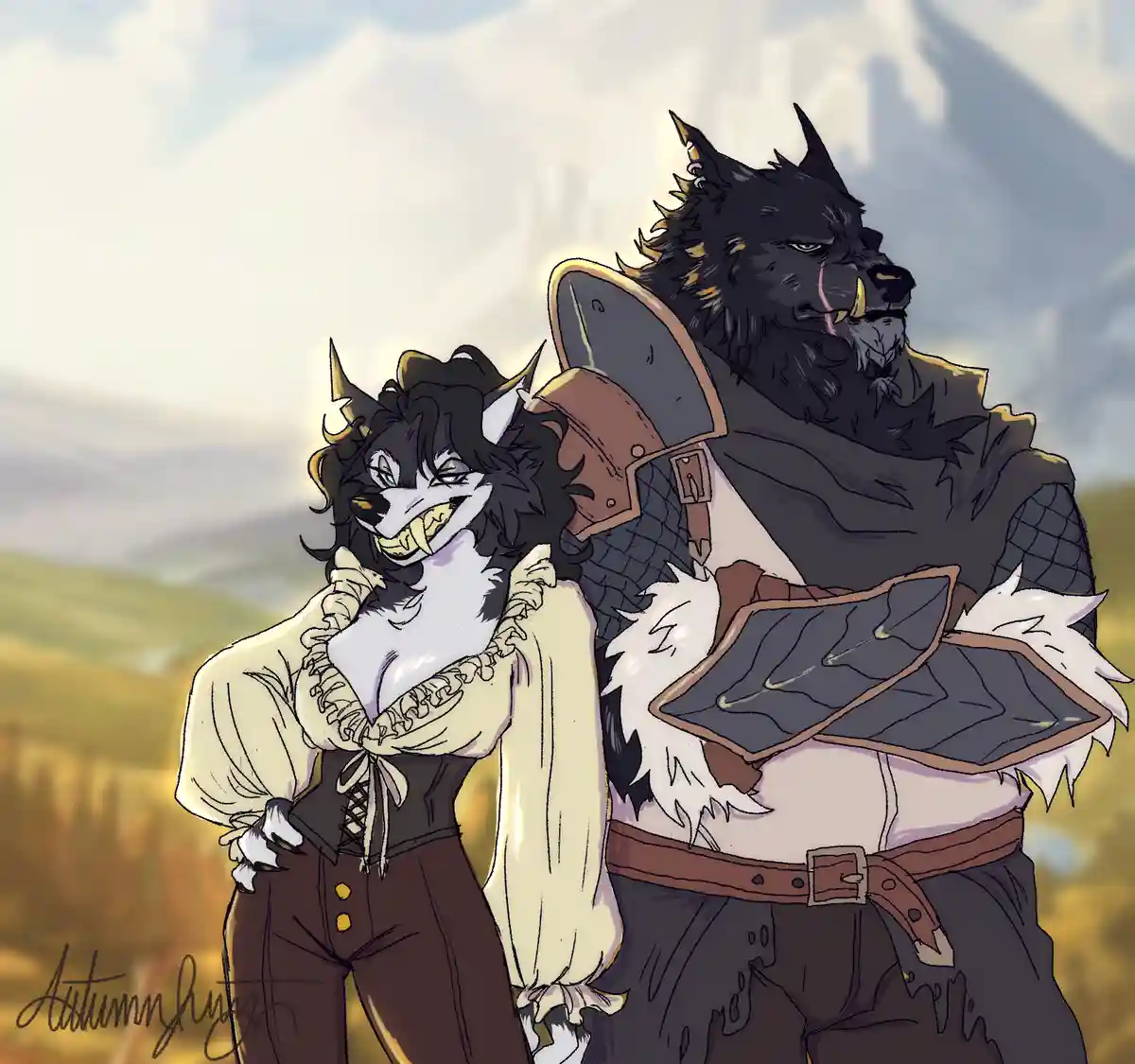 Two anthropomorphic wolves stand side by side against a mountainous backdrop; the smaller one wears a ruffled blouse and…