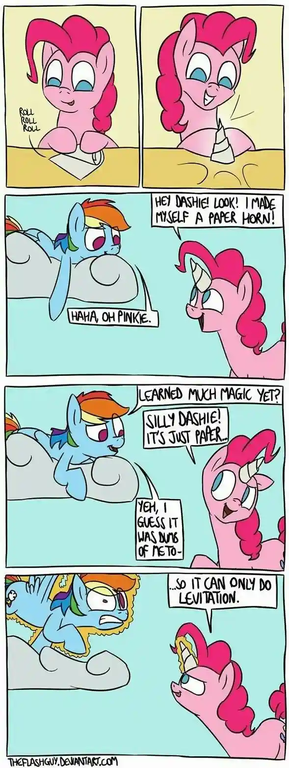 A five-panel comic strip featuring Pinkie Pie and Rainbow Dash. Pinkie Pie excitedly shows Rainbow Dash a paper horn she…