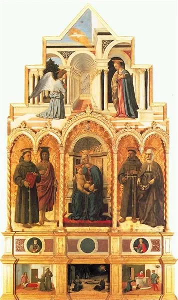 a multi-panel religious painting depicts the Annunciation scene with an angel and the Virgin Mary, surrounded by other…