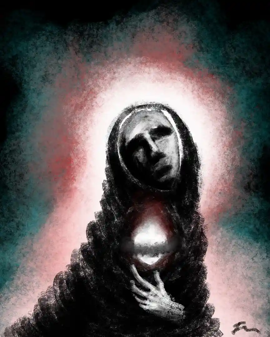 A dark, textured painting depicts a hooded figure with a sorrowful, tear-streaked face, clutching a glowing orb at their…