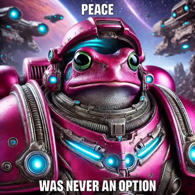 A close-up of a pink armored frog with glowing green eyes and blue lights on its suit, set against a space backdrop with…