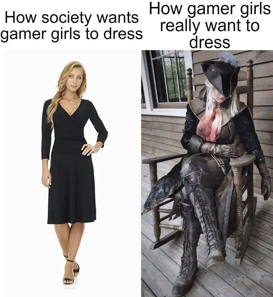 The image is split into two panels. The left panel shows a woman in a modest, elegant black dress and heels, with the text…