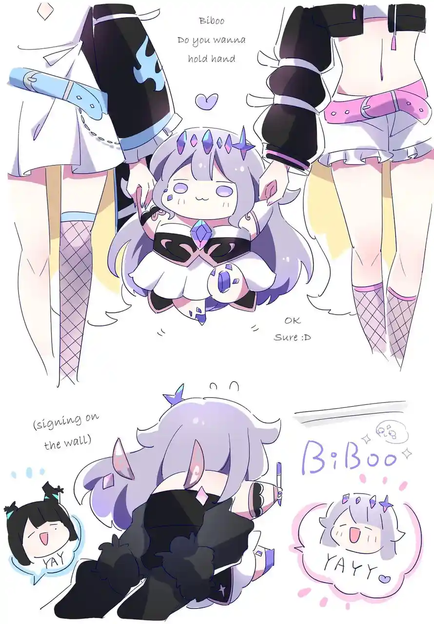 A chibi-style anime girl with purple hair and a crown is held by two taller figures in maid outfits, one with blue accents…