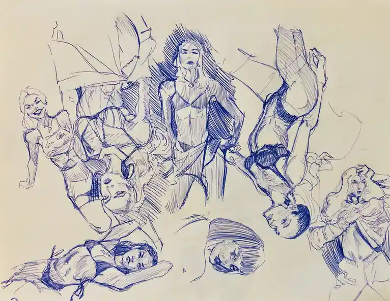 A blue ink sketch on beige paper shows multiple female characters in various dynamic poses, including standing, falling, and…