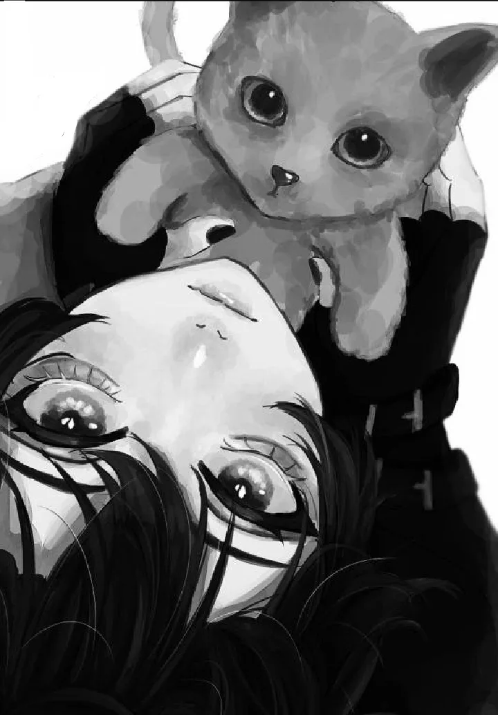 A black-and-white anime-style illustration shows a person with wide, tear-filled eyes looking up while holding a small…