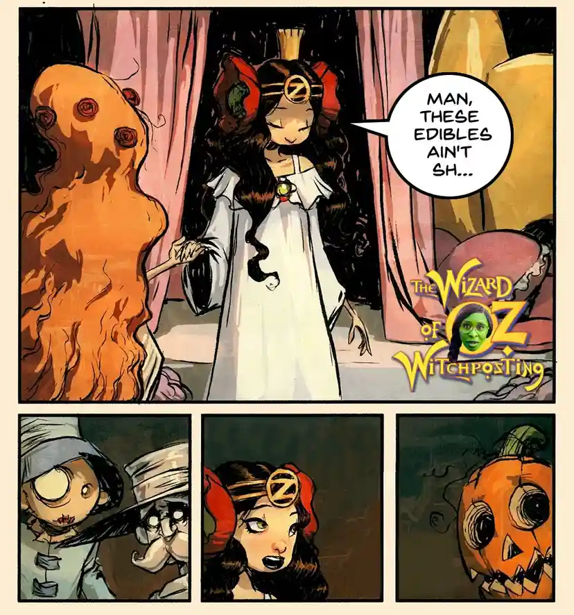 A comic panel from 'The Wizard of Oz Witchposting' shows a character in a white dress with a 'Z' headband saying 'MAN, THESE…