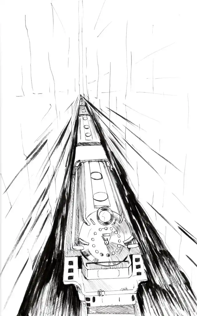 A black-and-white sketch shows a steam locomotive speeding forward from a first-person perspective, with motion lines…