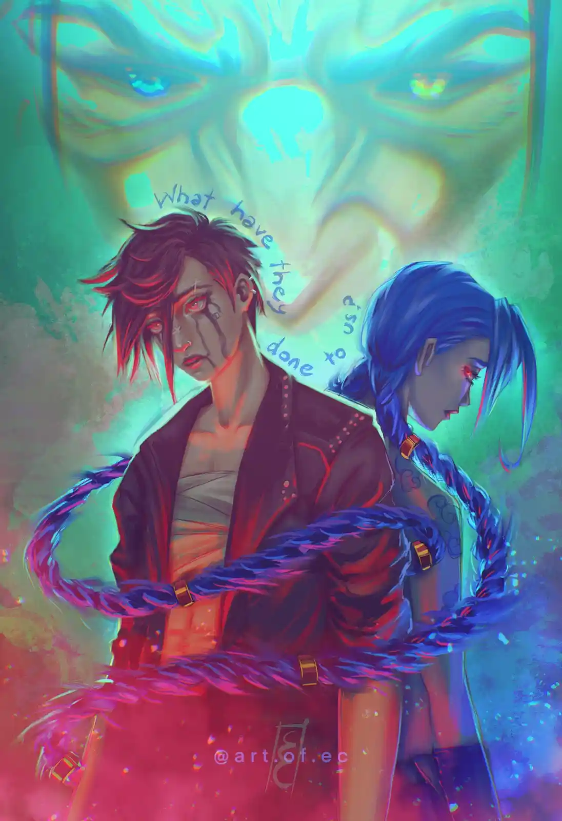 Two anime-style characters, one with red hair and the other with blue braided hair, are bound together by glowing purple…
