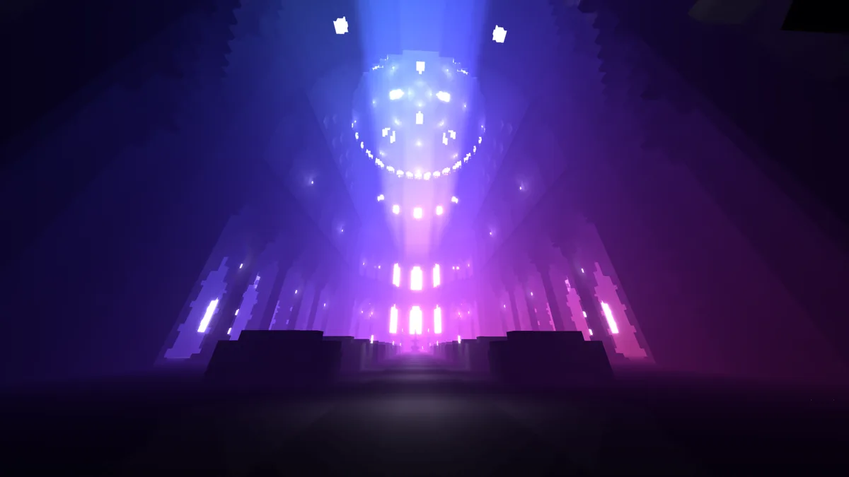 A pixelated, blocky digital hallway with purple and blue lighting, leading to a large, glowing disco ball at the end. The…