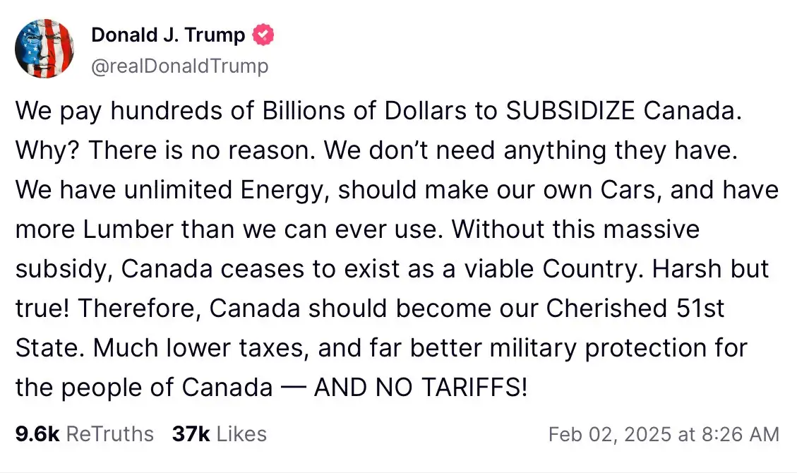 A screenshot of a tweet from Donald J. Trump's verified account, showing a fictional and exaggerated claim that the U.S…