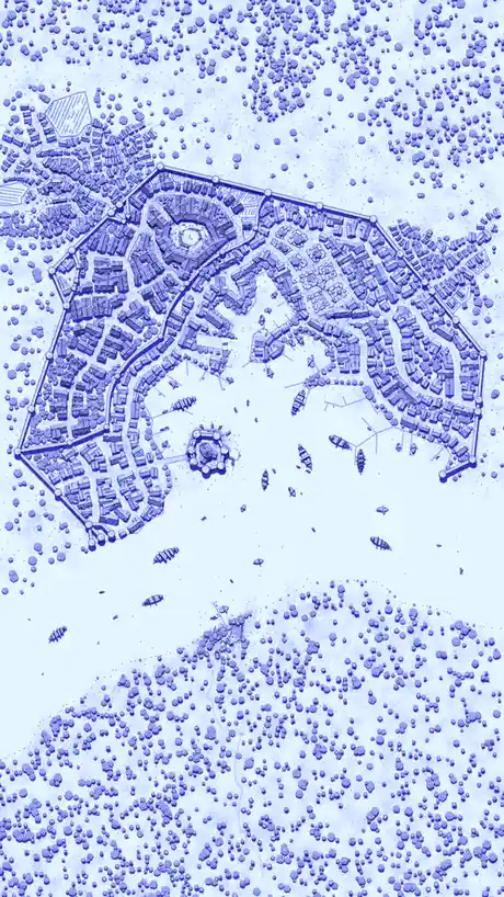A blue-tinted, top-down map of a medieval-style walled city with a central castle, surrounded by forests and water with…