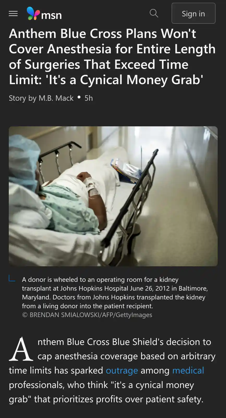 A news article screenshot from MSN shows a patient on a hospital gurney in a hallway, with the headline about Anthem Blue…