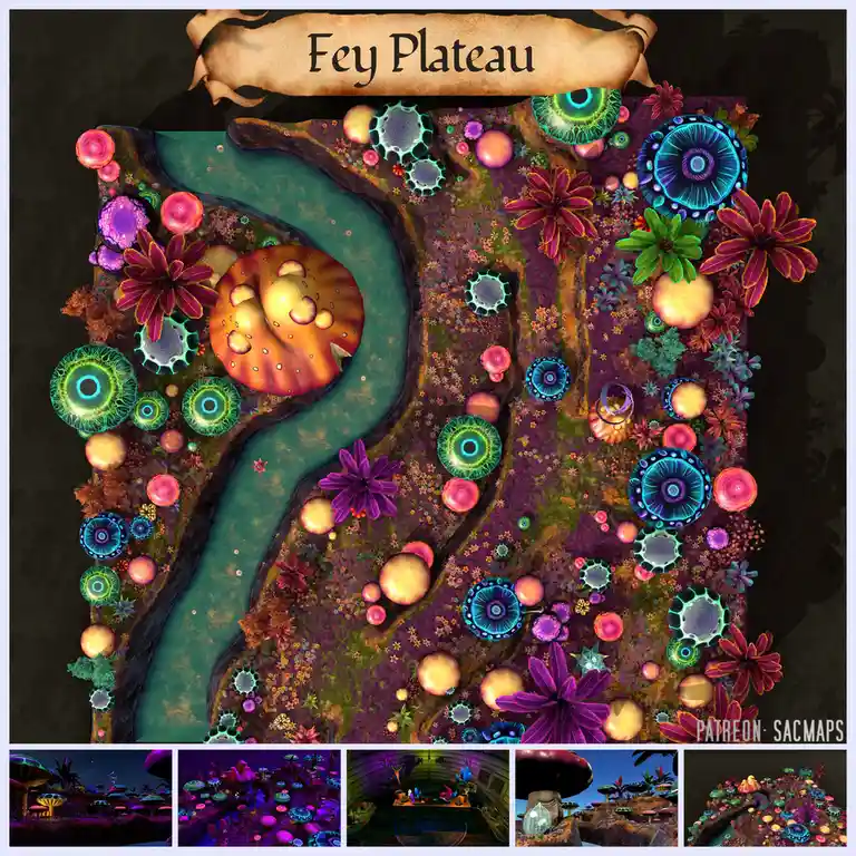 An overhead fantasy map titled 'Fey Plateau' shows a winding river cutting through a vibrant landscape filled with glowing…