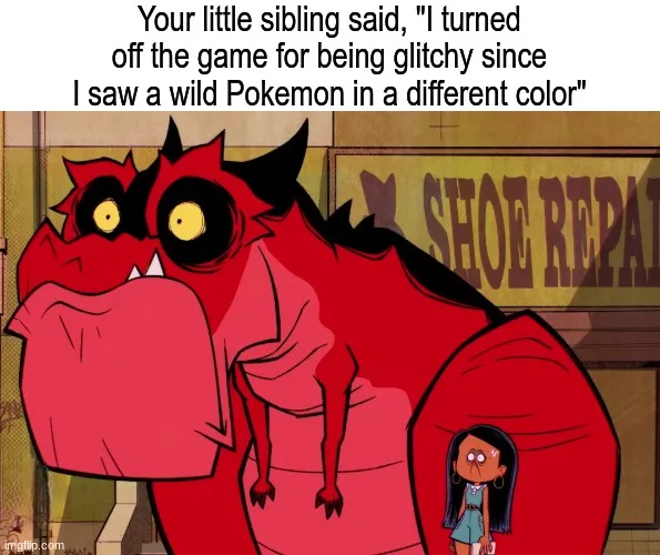 A large, red, angry-looking cartoon demon with yellow eyes and horns stands in front of a 'SHOE REPAIR' shop, holding a…