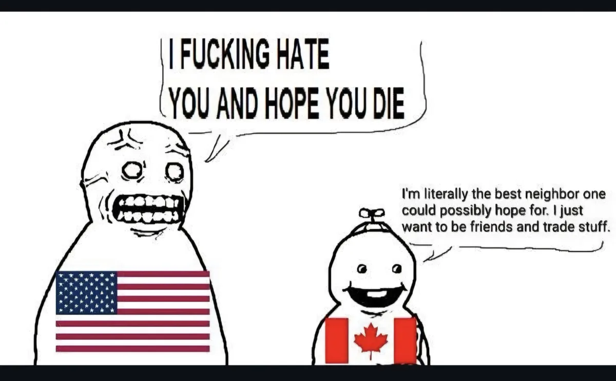Two cartoon figures, one with an American flag on its chest and a screaming, angry face, says 'I FUCKING HATE YOU AND HOPE…