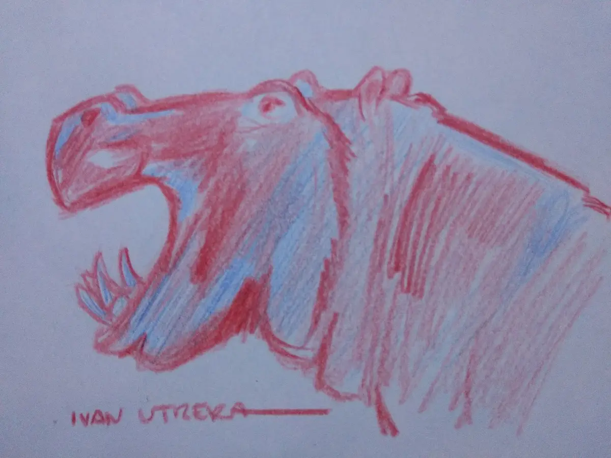 A childlike crayon drawing of a hippopotamus head with its mouth wide open, colored in red and blue on light blue paper. The…