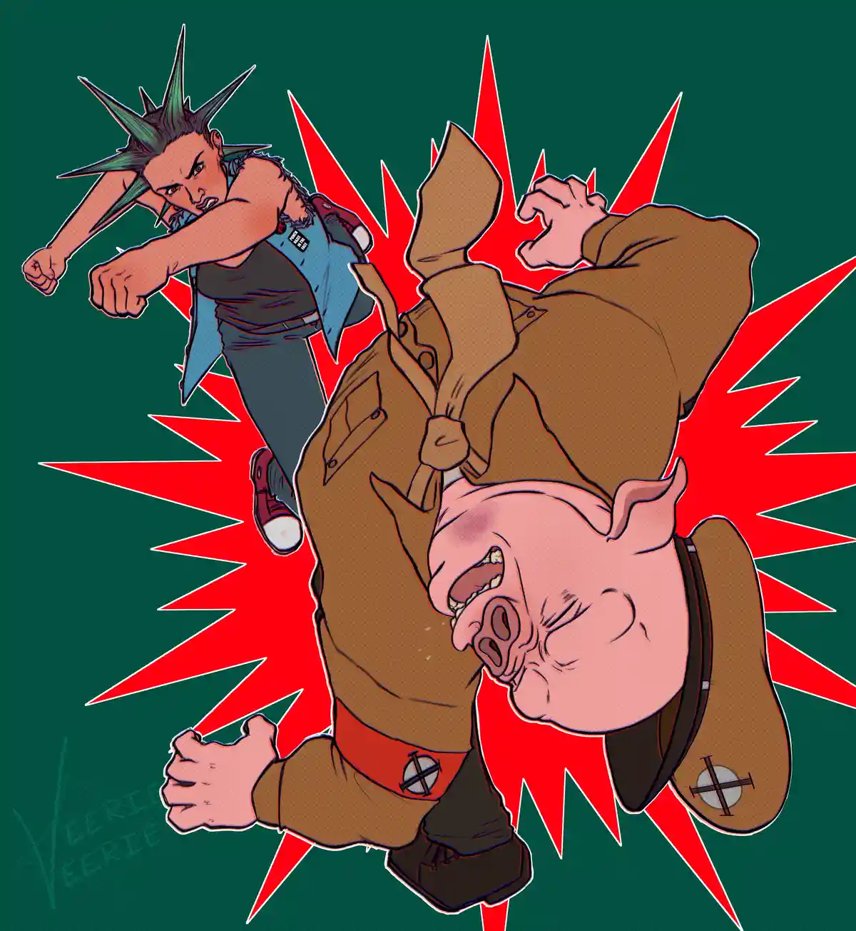 A cartoon punk with spiked green hair and a blue vest punches a pig-headed man in a brown uniform, who is upside down and…