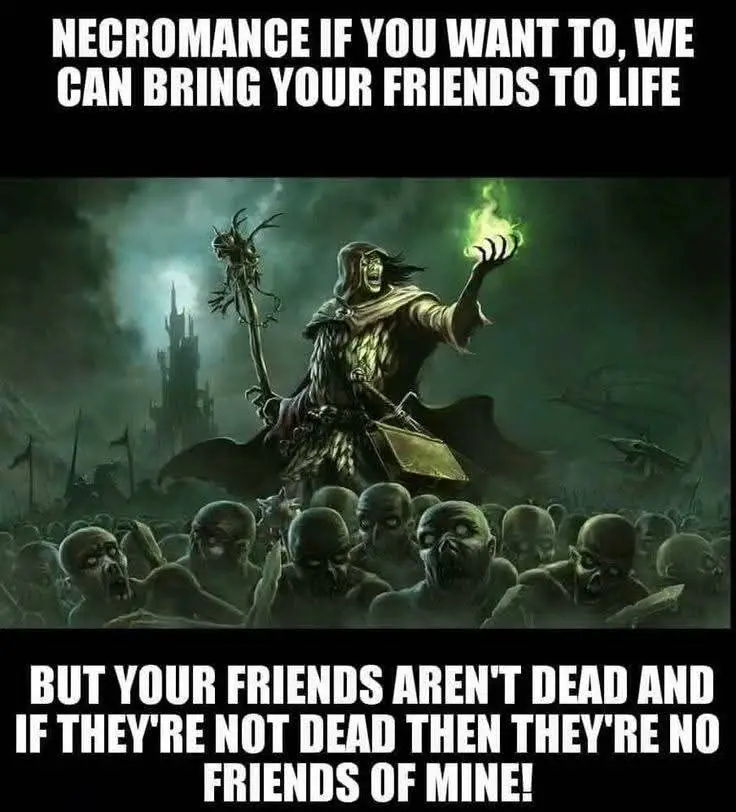 A dark fantasy image shows a hooded necromancer holding a glowing green orb and a staff, standing before a horde of zombies…
