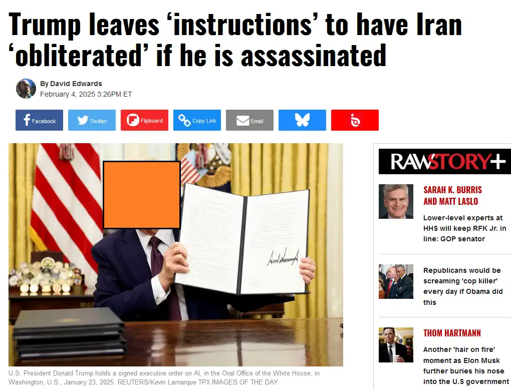 A screenshot of a news article with a large headline reading 'Trump leaves 'instructions' to have Iran 'obliterated' if he…