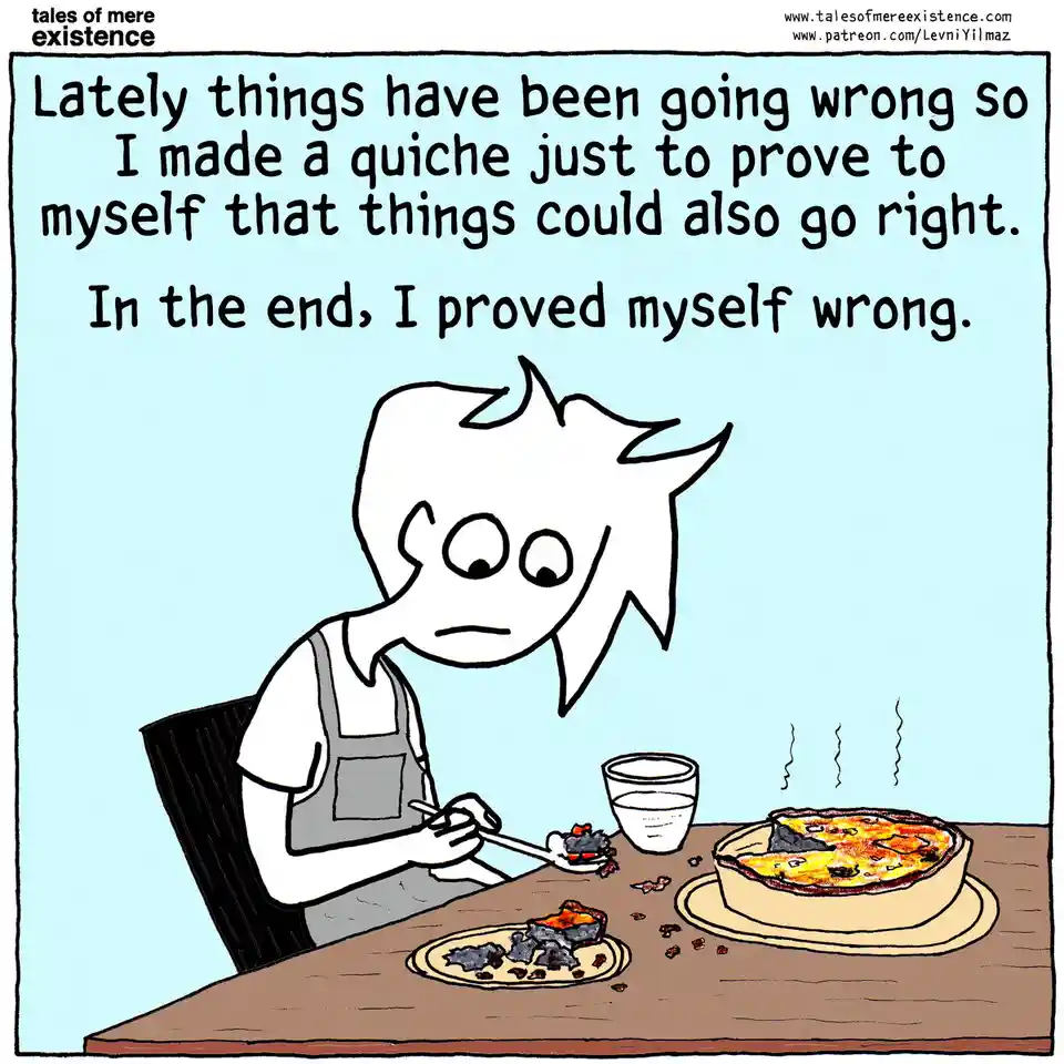 A cartoon person in an apron sits at a table eating a quiche that has a large, burnt black section. The text overlay reads…