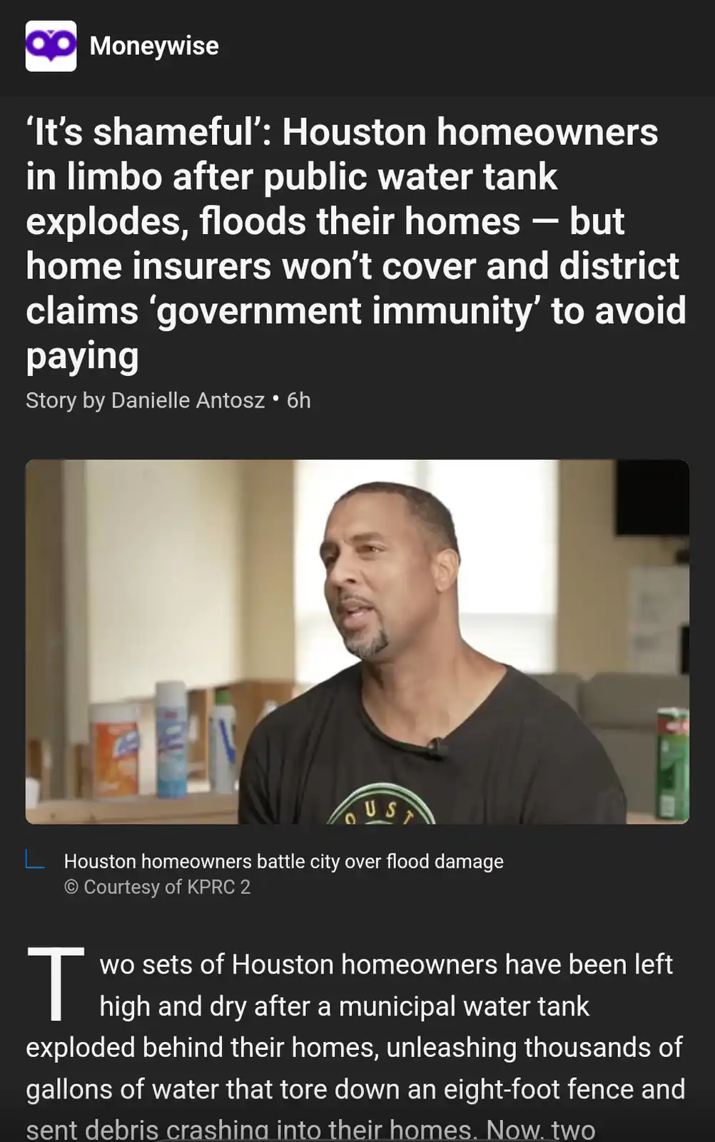 A screenshot of a Moneywise news article about Houston homeowners flooded by a municipal water tank explosion. The article…