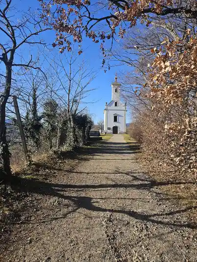A gravel path leads to a small white church under a clear blue sky, framed by bare trees with brown leaves. The overlaid…