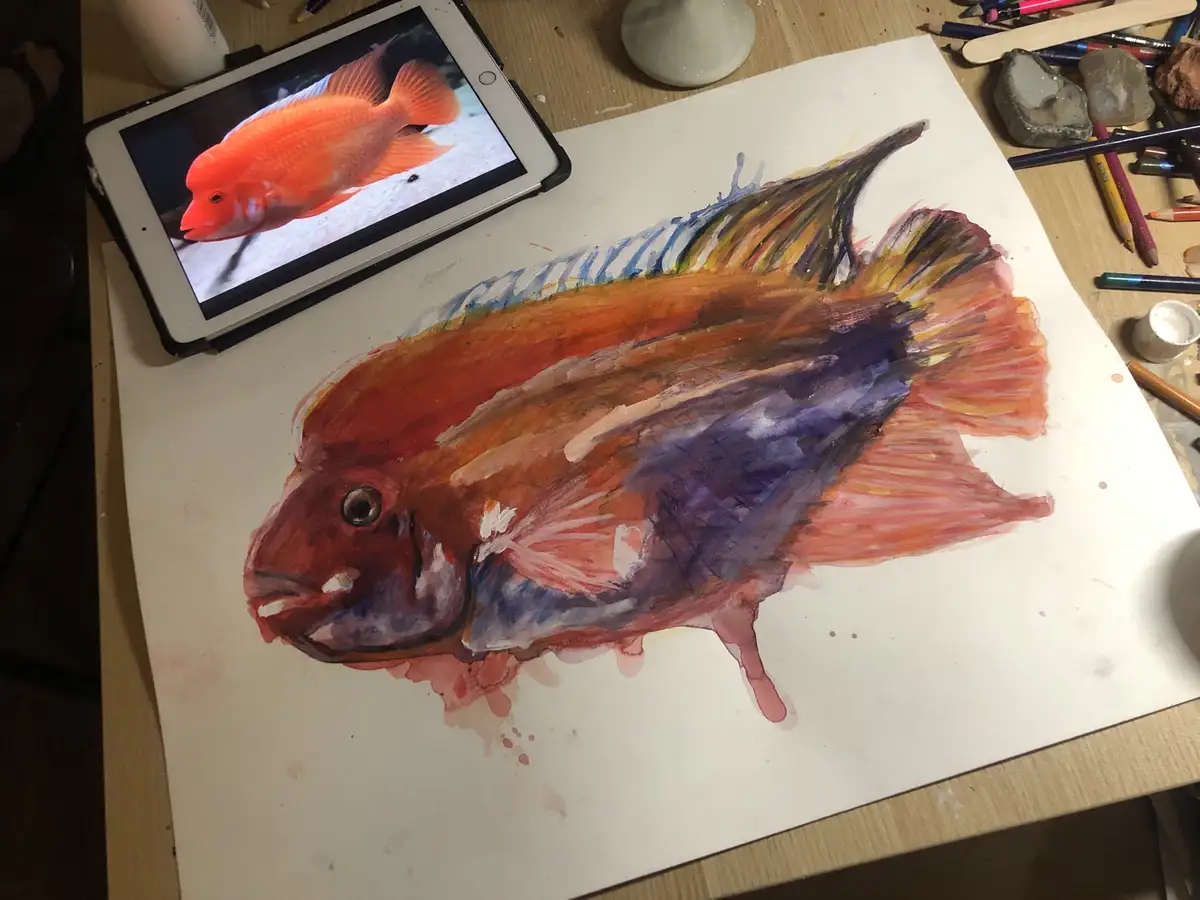A watercolor painting of a fish on white paper sits on a wooden desk next to a tablet displaying a reference photo of a…