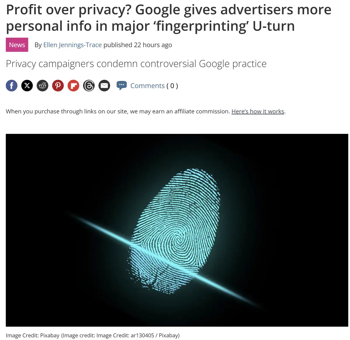 A news article headline about Google's privacy policy change is overlaid on an image of a glowing blue fingerprint on a dark…