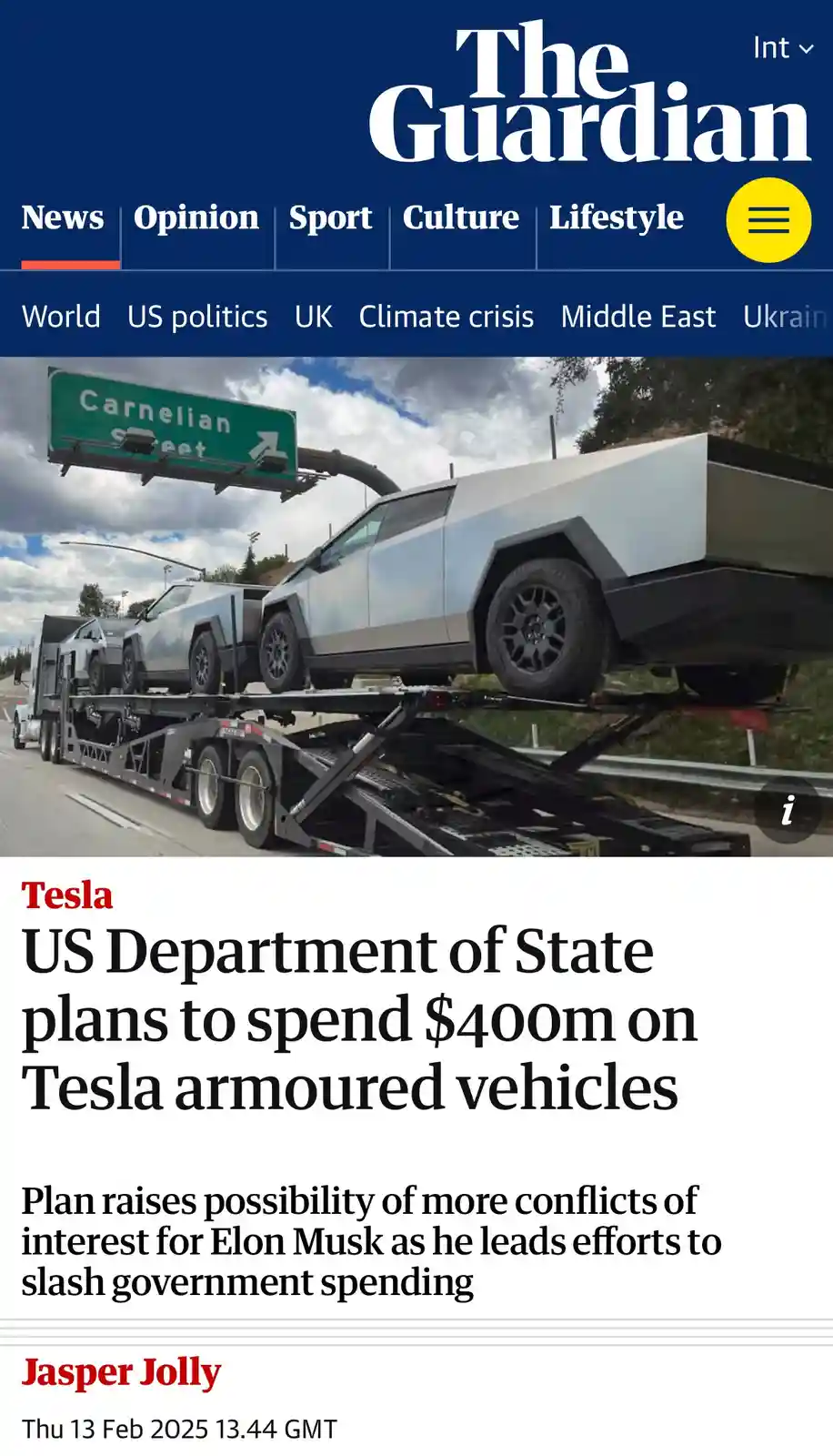 The image shows a screenshot of The Guardian's news website featuring a headline about the US Department of State planning…