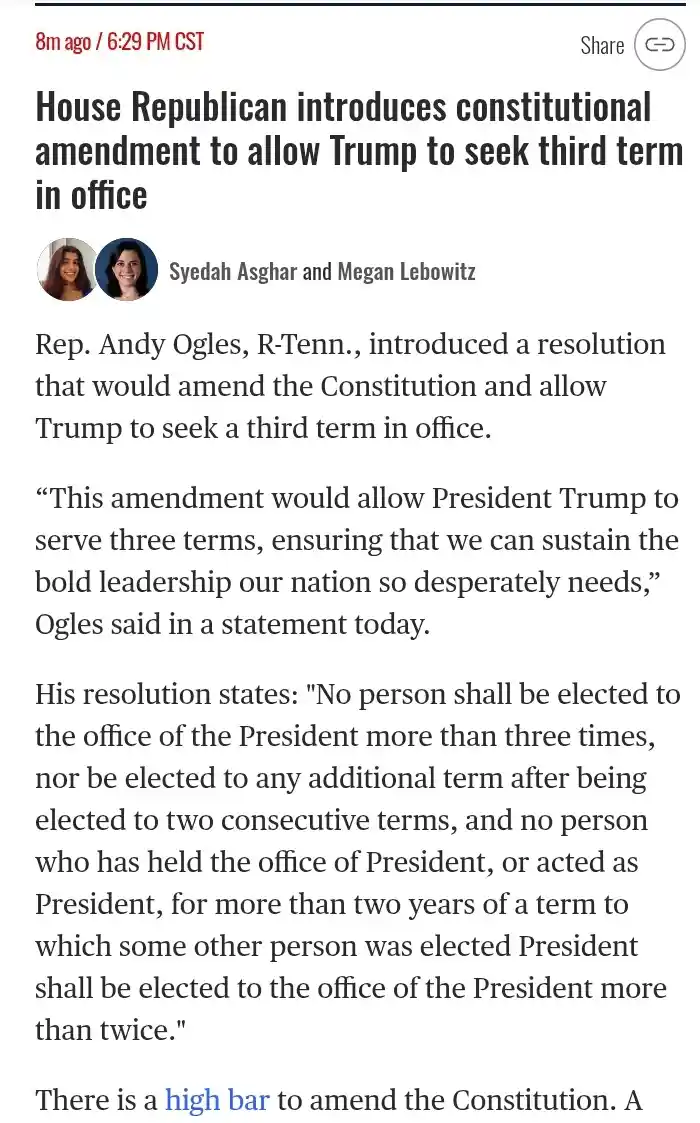 A screenshot of a news article headline stating 'House Republican introduces constitutional amendment to allow Trump to seek…