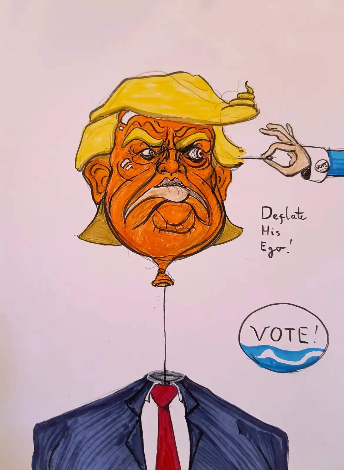 A cartoon drawing shows a caricature of Donald Trump with his head depicted as an orange balloon, being punctured by a hand…