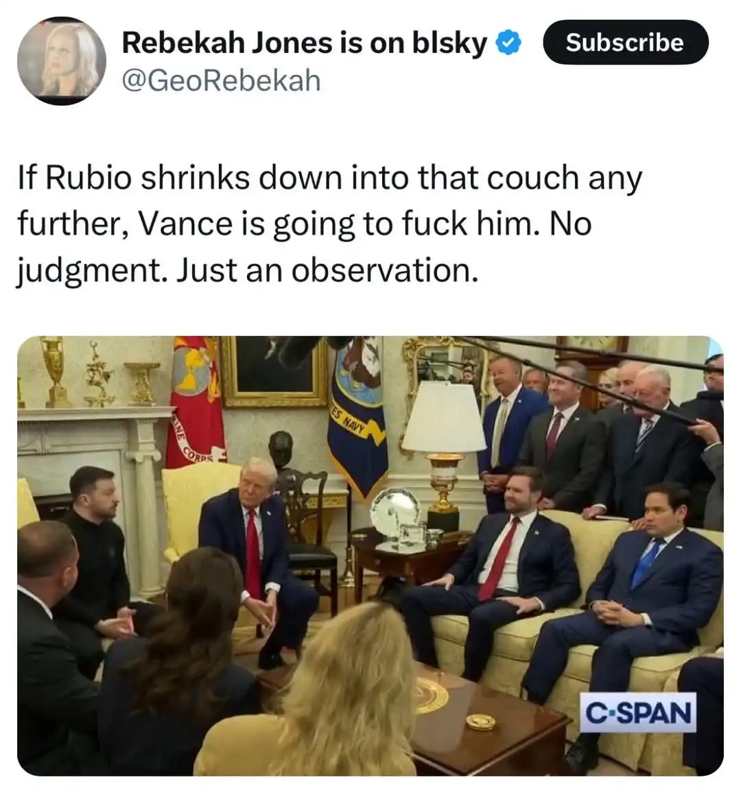 A screenshot from a C-SPAN broadcast shows a group of men in suits seated in an ornate room, with Donald Trump seated in a…