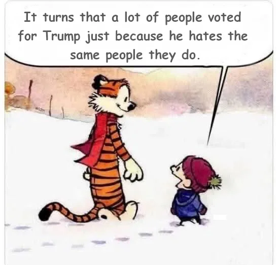 A cartoon image shows Calvin, a small boy in a red hat and blue coat, looking up at his father, a large tiger wearing a red…
