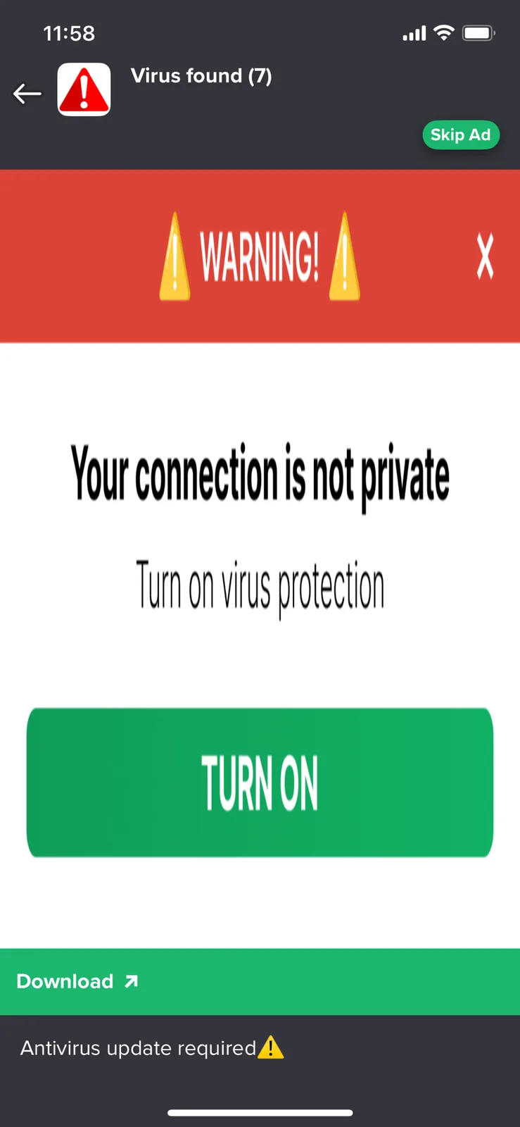 A smartphone screen displays a fake antivirus ad warning that 'Your connection is not private' and urges the user to 'Turn…