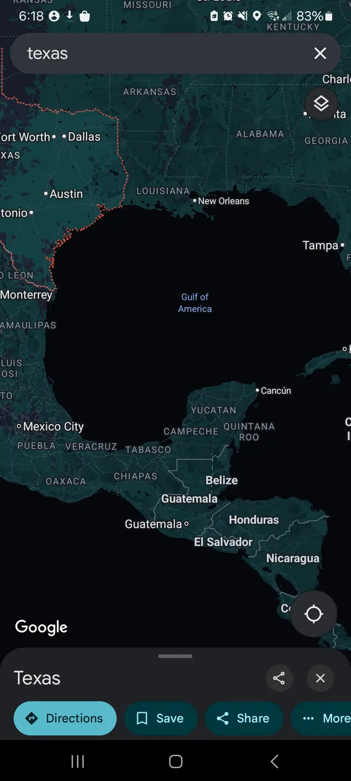 A smartphone screenshot of a Google Maps interface showing a search for 'texas' that has erroneously displayed the entire…