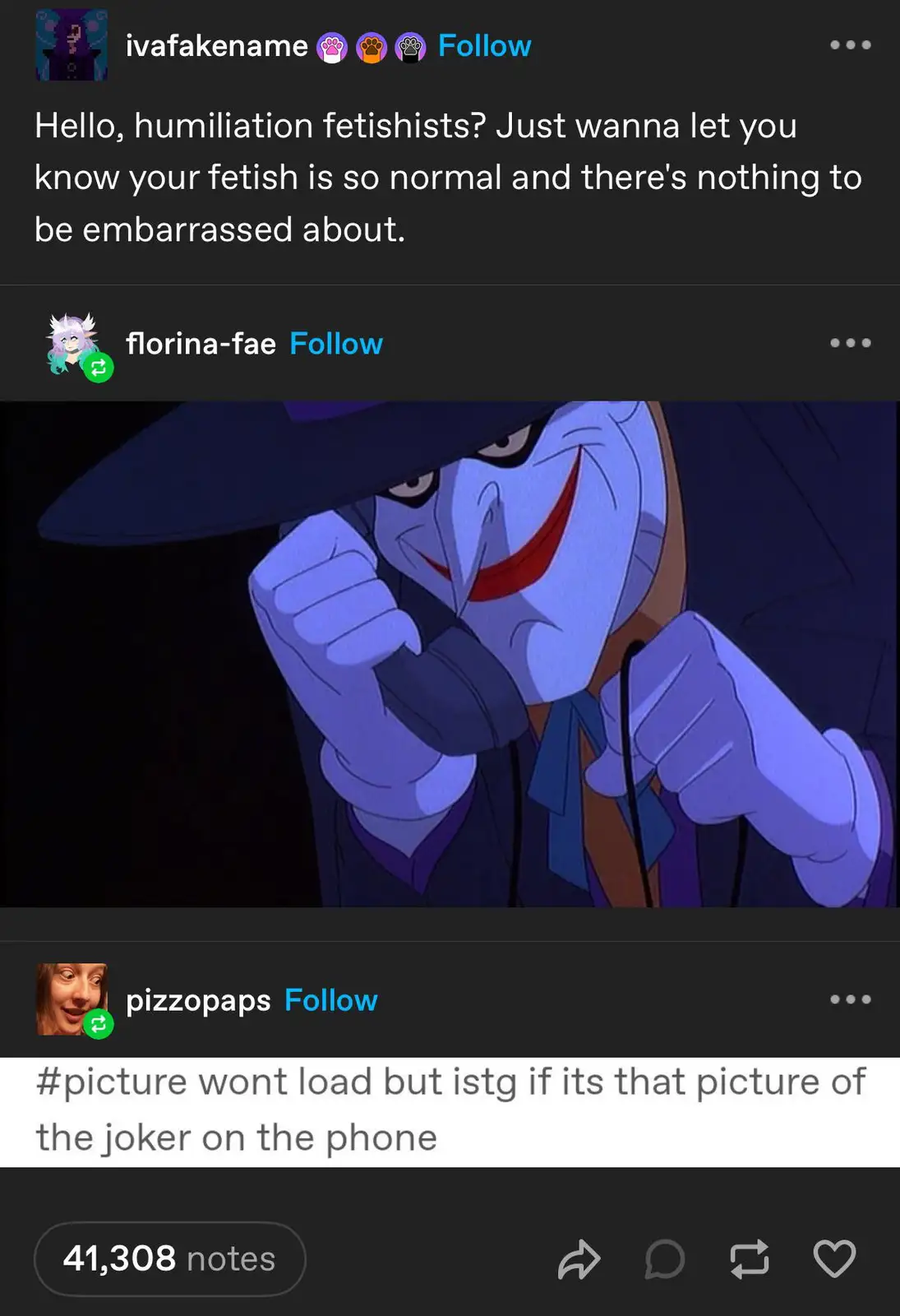 The image shows a cartoon character, the Joker from Batman: The Animated Series, holding a phone to his ear with a smug…