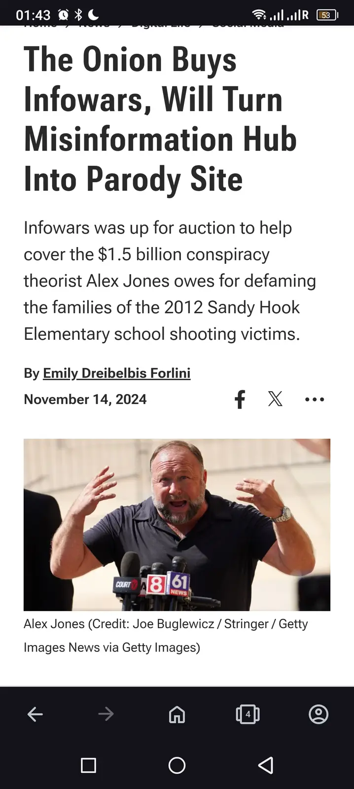 A screenshot of a fake news article from 'The Onion' dated November 14, 2024, with the headline 'The Onion Buys Infowars…