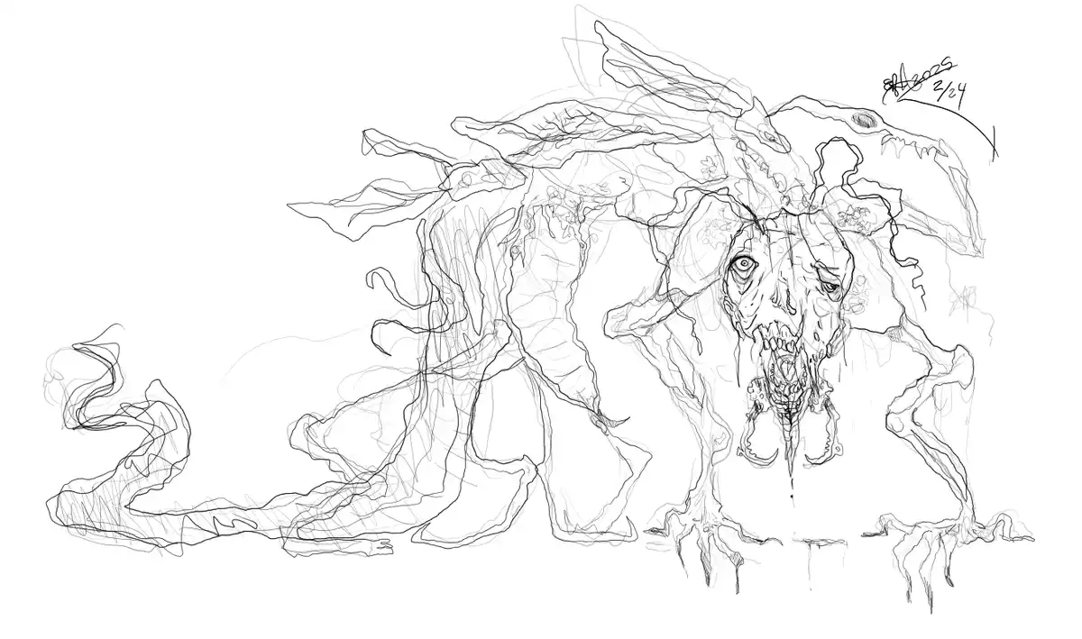 A black-and-white line drawing depicts a monstrous, multi-limbed creature with a dragon-like head, wings, and clawed feet…