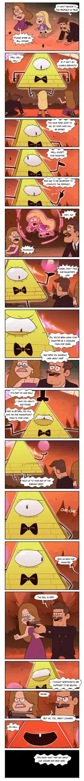 A comic strip from 'Gravity Falls' shows Bill Cipher, a yellow triangular demon with a bowtie, confronting a man and woman…