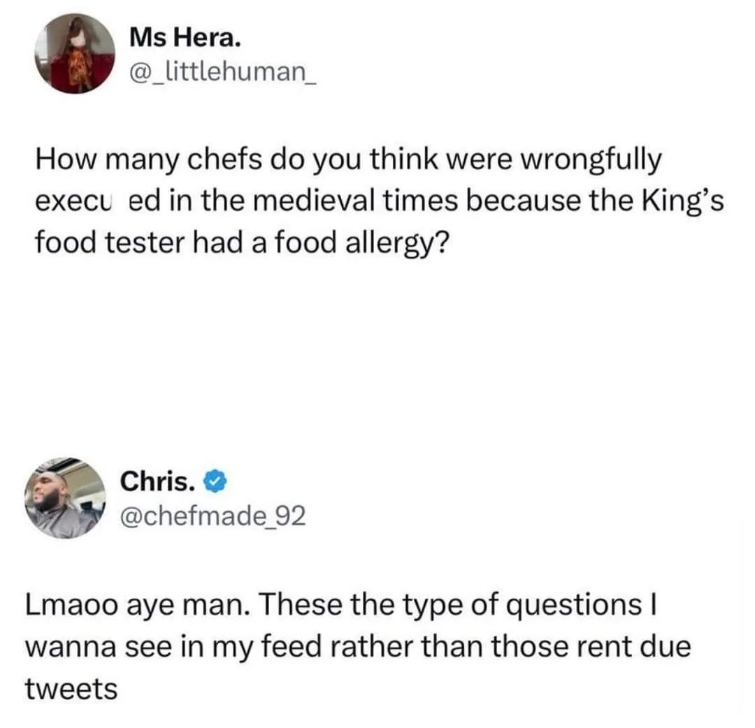 A screenshot of a Twitter thread shows user Ms Hera. asking a hypothetical historical question about chefs being executed…