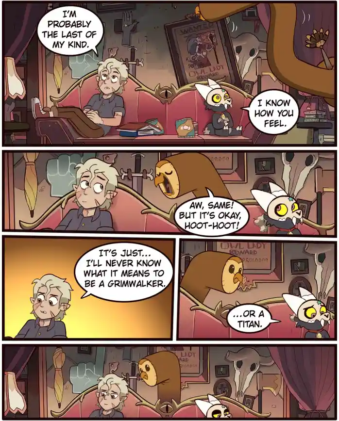 A four-panel comic strip from 'The Owl House' shows a sad, white-haired man sitting on a couch, lamenting he's probably the…