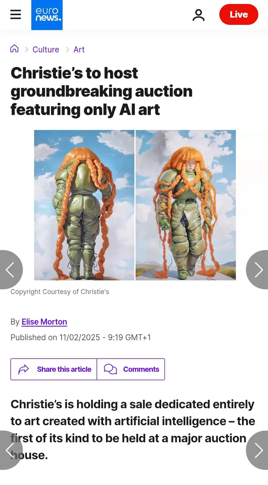 A screenshot of a Euro News article about Christie's auctioning only AI art, featuring two images of a surreal painting of a…