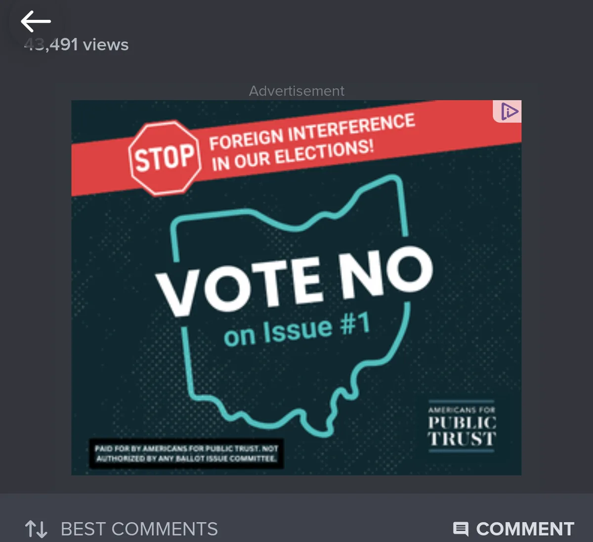 An advertisement image features a red banner with a stop sign icon and the text 'STOP FOREIGN INTERFERENCE IN OUR…