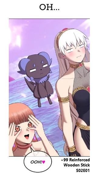 An anime-style image shows three characters: a girl with orange hair covering her face in shock, a small dark creature with…