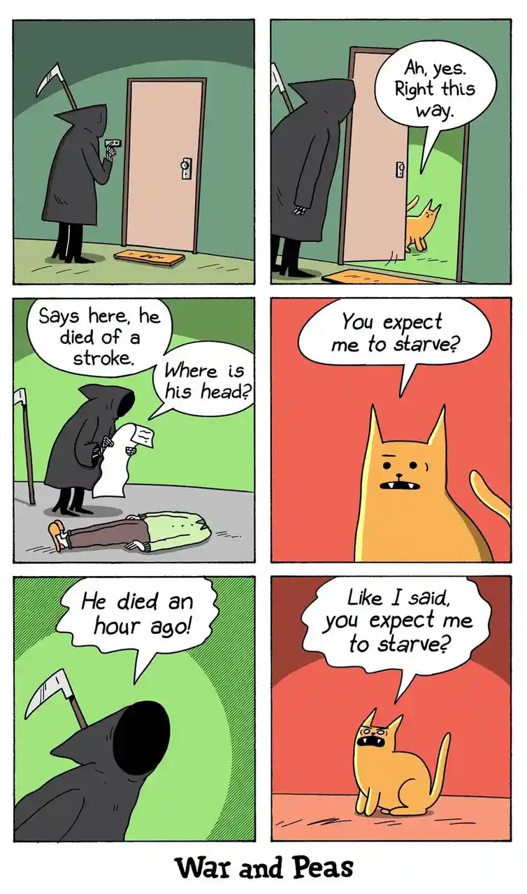 A six-panel comic strip from 'War and Peas' shows the grim reaper arriving at a door, opening it to reveal a cat. He checks…