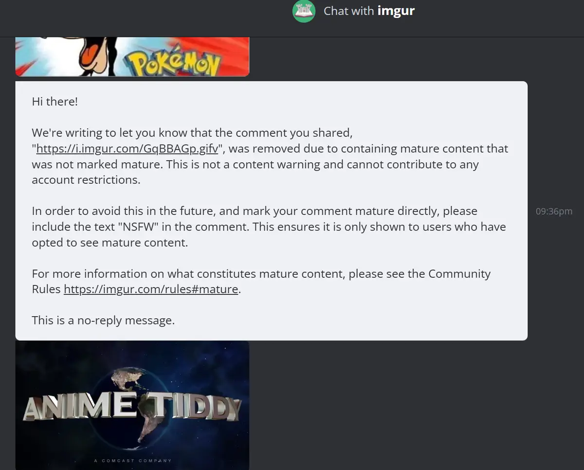 An Imgur auto-generated message informs a user that their comment containing a link to a gif was removed for lacking an NSFW…